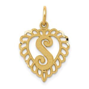 14k Yellow Gold, Grace Collection, Satin Heart Initial S Pendant, 15mm